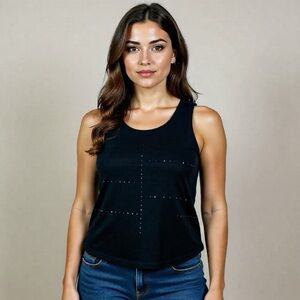 Moon Collection Sleeveless Top High Low Sheer Rhinestone Black Size S Loose Fit